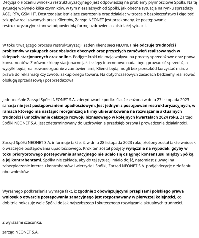 NEONET - sieć polskich sklepów wydaje oświadczenie w sprawie upadłości. Firma spróbuje osiągnąć konsensus z kontrahentami [3]