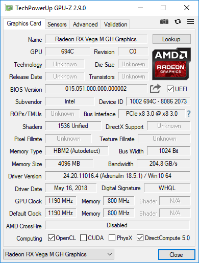 Radeon RX Vega M GH vs GeForce GTX 1050 Ti i GTX 1060 Max-Q [26]