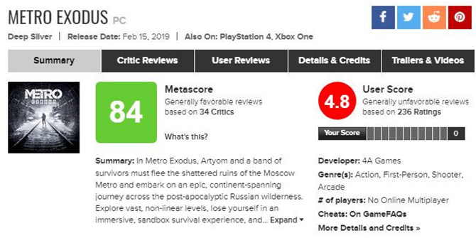 Gracze zbombardowali Metro Exodus na Metacritic [1]