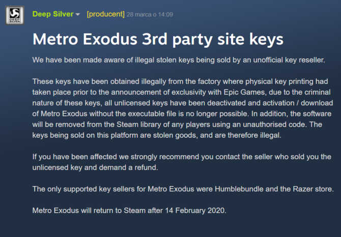 Metro: Exodus - dezaktywacja wersji Steam z kradzionych kluczy [1]