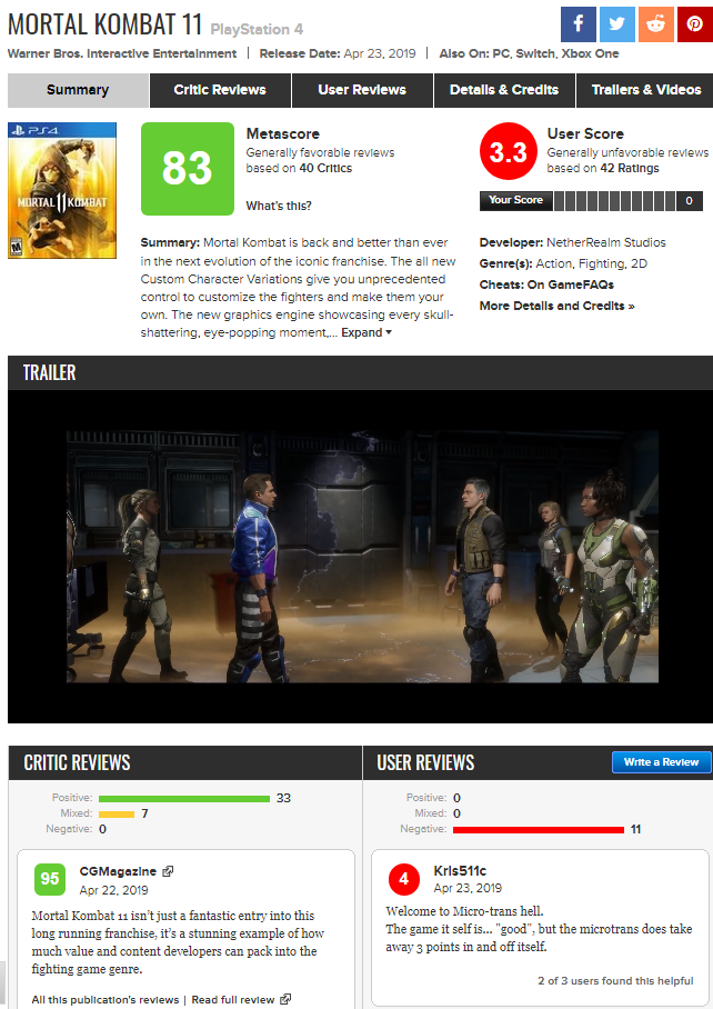 Mortal Kombat 11: Gracze wystawili tylko 3,3 pkt grze na Metacritic [1]