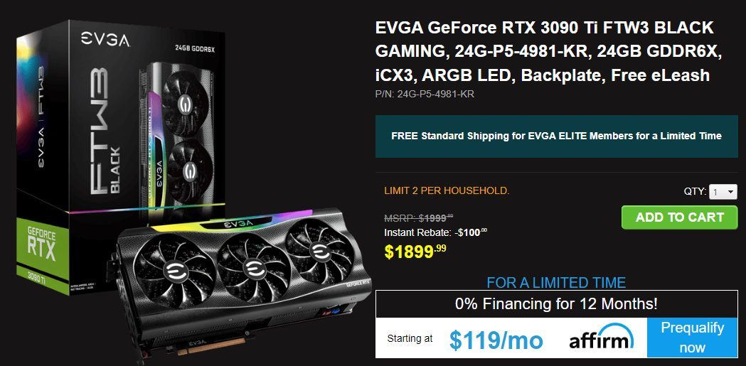 EVGA GeForce RTX 3090 FTW3 Ultra Gaming Graphic Card, Black 