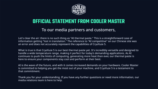 Cooler Master CryoFuze 5 - producent wydał oświadczenie na temat termoprzewodzącej pasty AI. Był to błąd w tłumaczeniu [2]